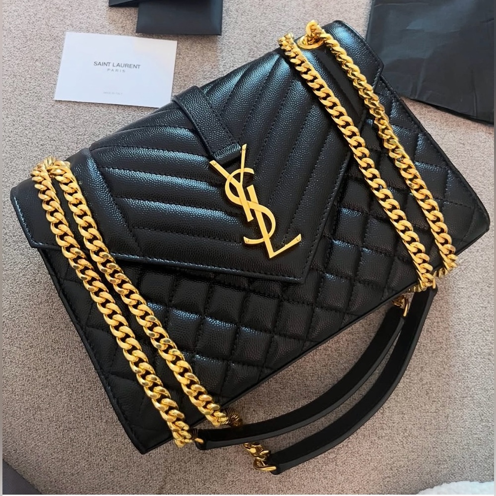 Authentic Saint Laurent Triquilt Medium YSL Shoulder Bag in Grained Leather.